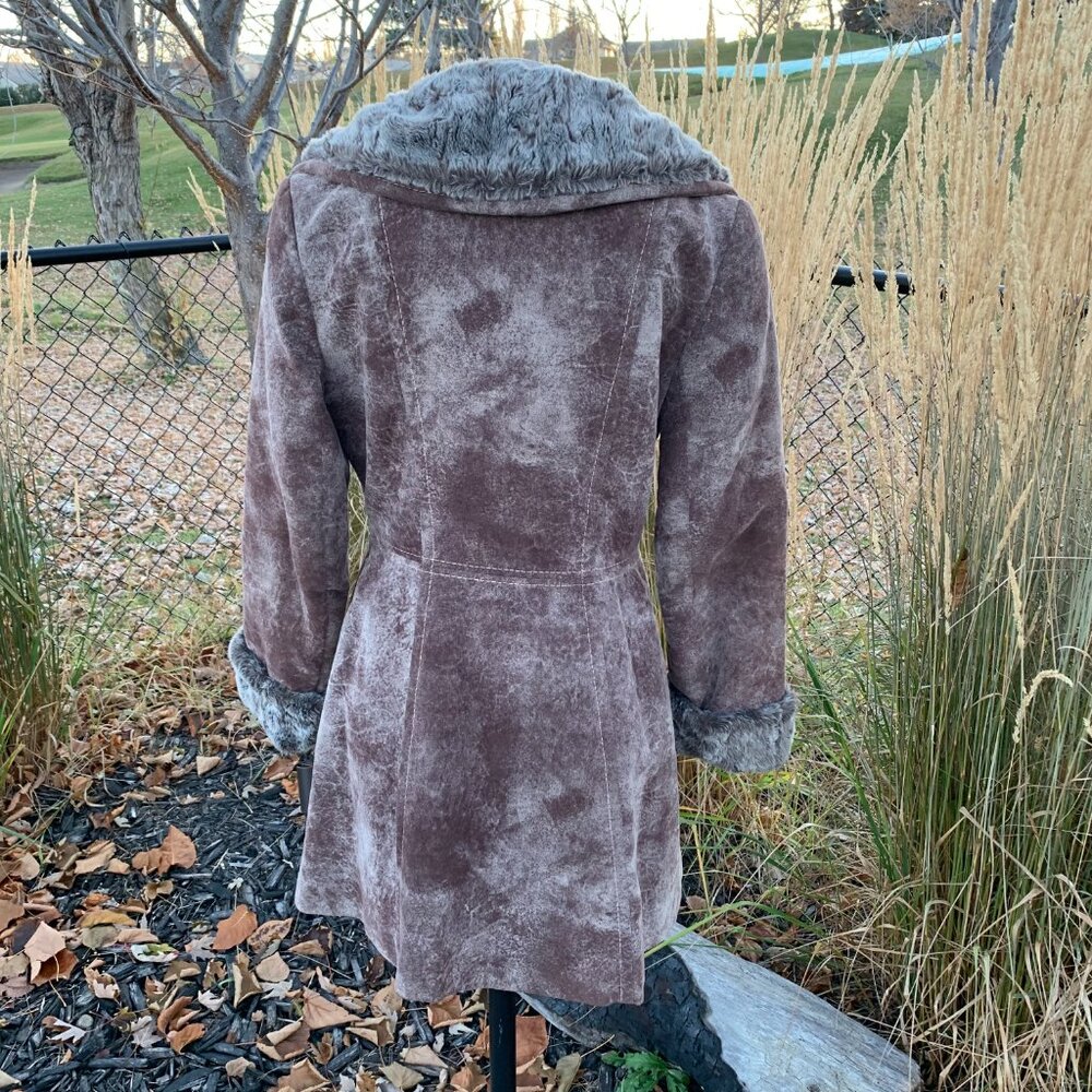 Vintage Penny Lane Pea Coat Faux Suede Fur Trim Double Breasted Overcoat - Picture 6 of 16